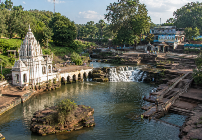 Amarkantak in Madhya Pradesh featuring the sacred Narmada Udgam Temple surrounded by lush green hills