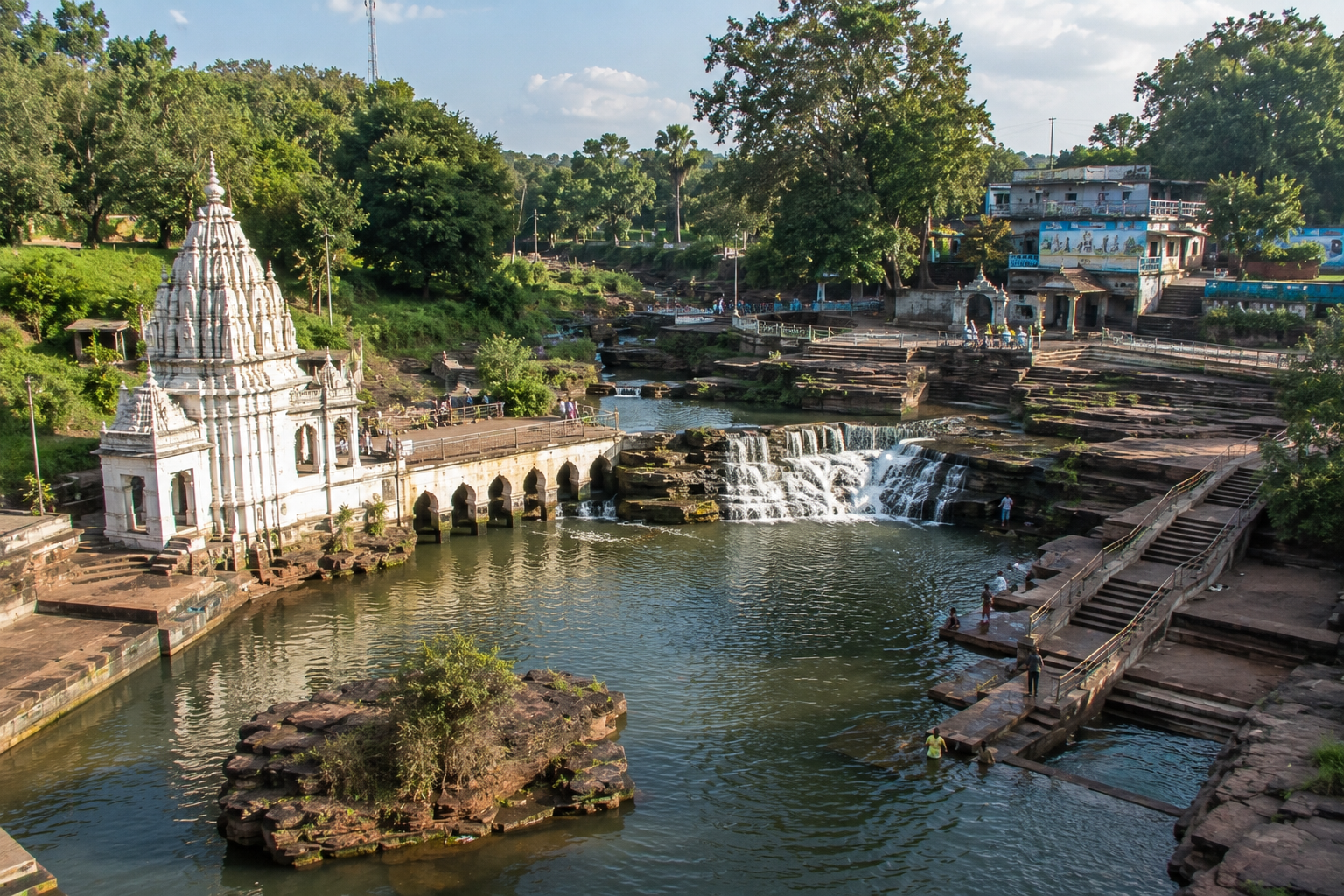 Amarkantak in Madhya Pradesh featuring the sacred Narmada Udgam Temple surrounded by lush green hills
