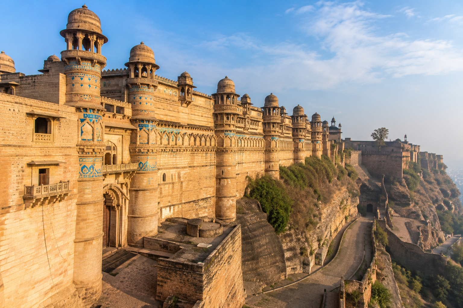 Gwalior Fort in Madhya Pradesh showcasing magnificent hilltop architecture and historic sandstone walls