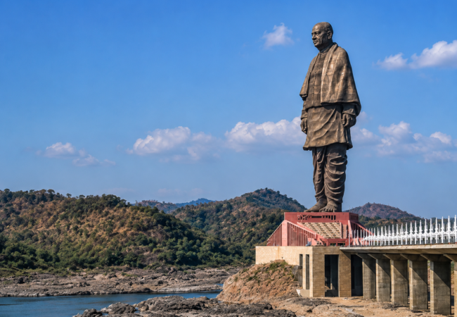 Statue of Unity overlooking the Narmada River at Kevadia in Gujarat