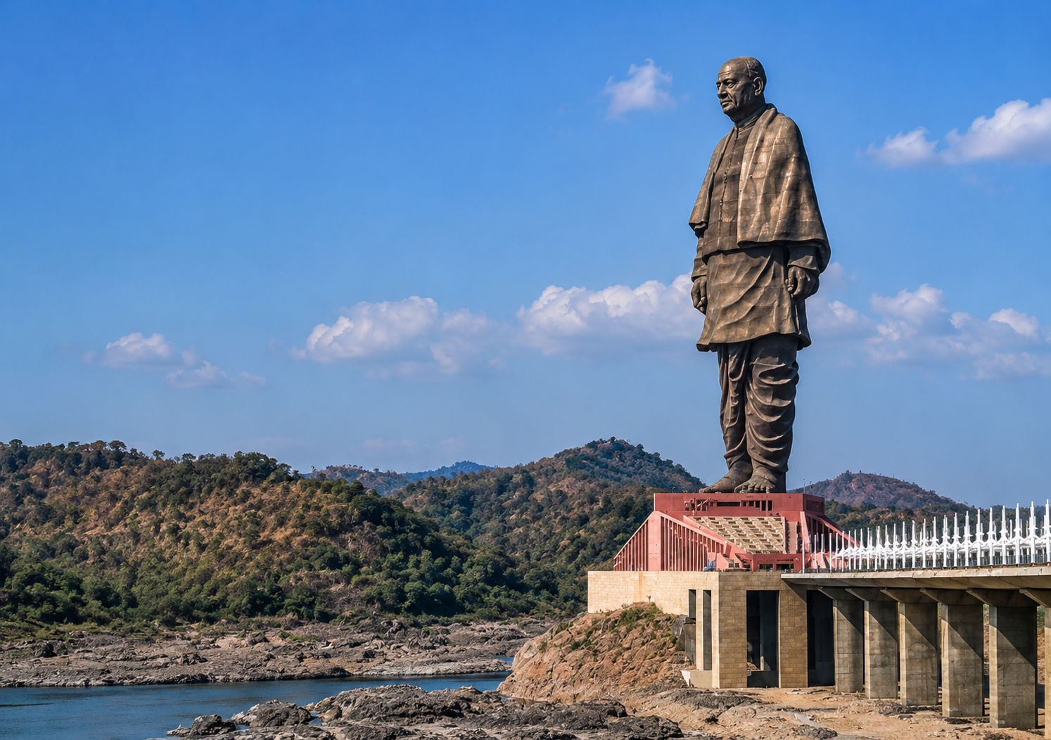Statue of Unity overlooking the Narmada River at Kevadia in Gujarat